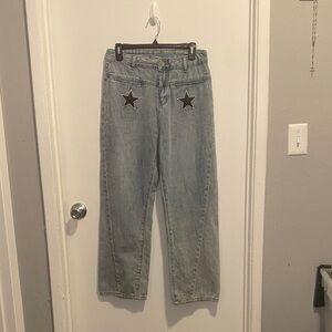 Light Blue Straight-Leg Jeans with Star Patches